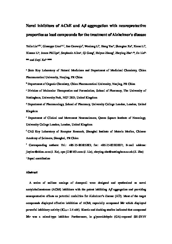 Novel inhibitors of AChE and Aβ aggregation with neuroprotective properties as lead compounds for the treatment of Alzheimer's disease Thumbnail