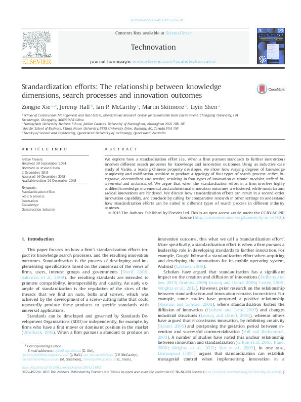 Standardization efforts: the relationship between knowledge dimensions, search processes and innovation outcomes Thumbnail