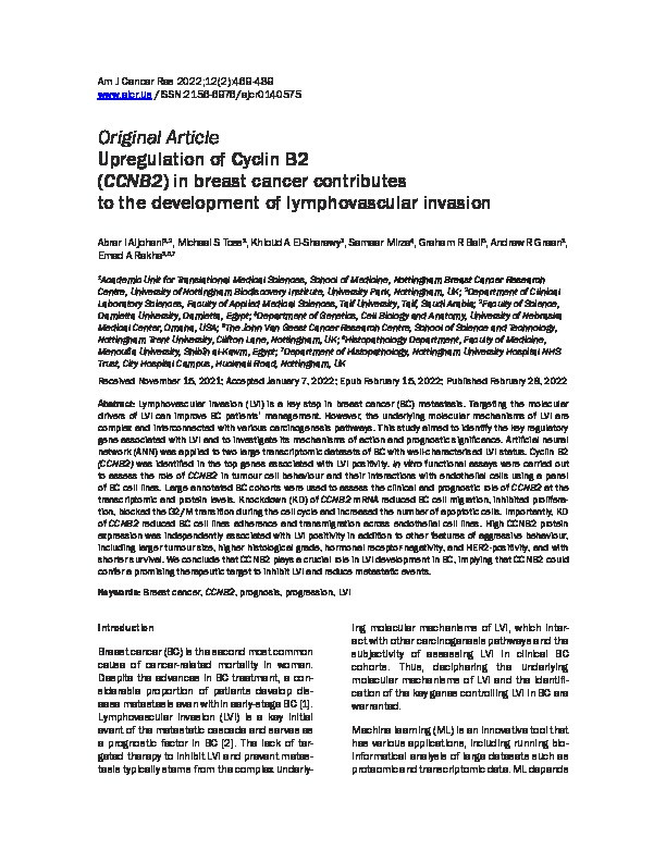 Upregulation of Cyclin B2 (CCNB2) in breast cancer contributes to the development of lymphovascular invasion Thumbnail