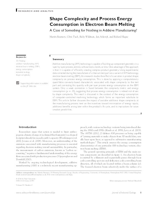 Shape complexity and process energy consumption in electron beam melting: a case of something for nothing in additive manufacturing? Thumbnail