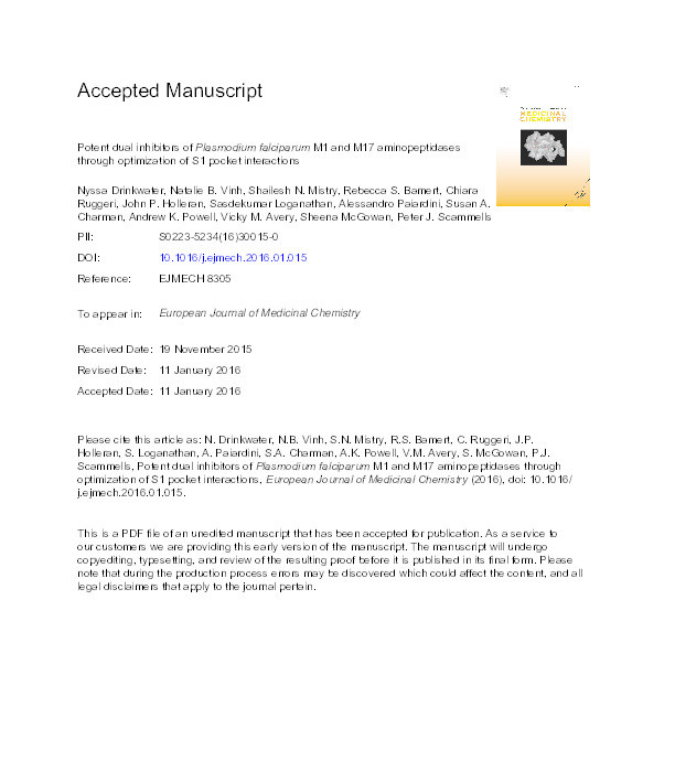 Potent dual inhibitors of Plasmodium falciparum M1 and M17 aminopeptidases through optimization of S1 pocket interactions Thumbnail