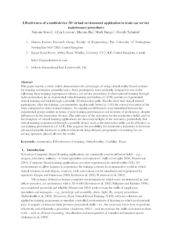 Effectiveness of a multi-device 3D virtual environment application to train car service maintenance procedures Thumbnail