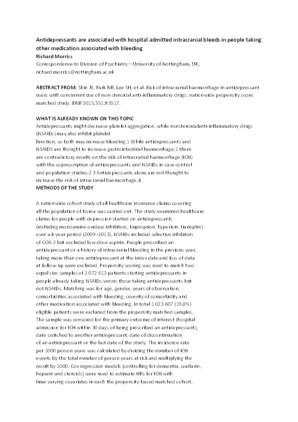 Antidepressants are associated with hospital admitted intracranial bleeds in people taking other medication associated with bleeding Thumbnail