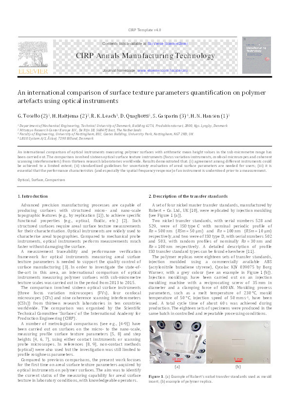 An international comparison of surface texture parameters quantification on polymer artefacts using optical instruments Thumbnail