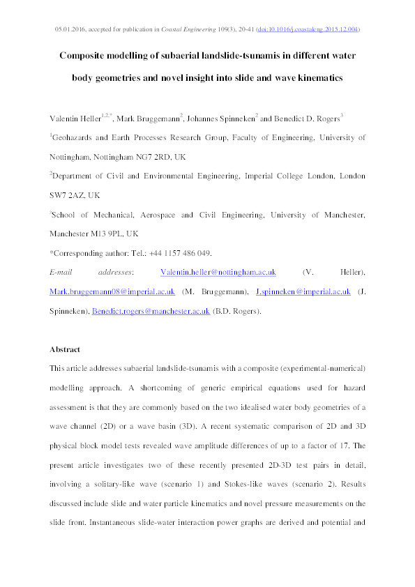 Composite modelling of subaerial landslide-tsunamis in different water body geometries and novel insight into slide and wave kinematics Thumbnail