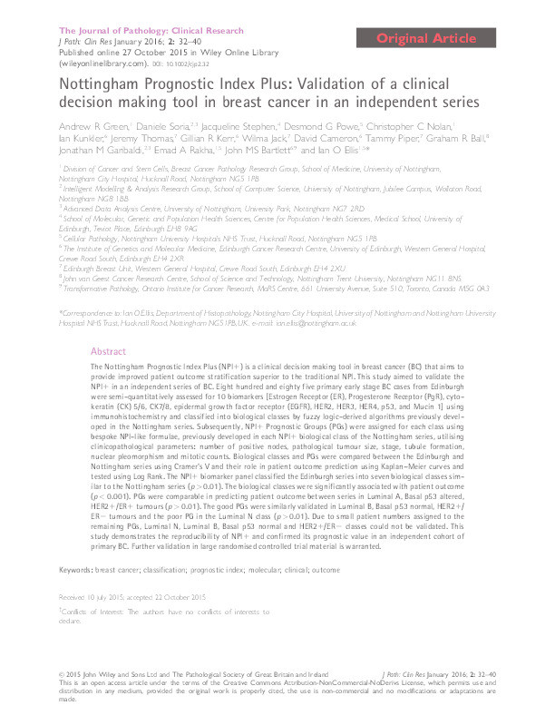 Nottingham Prognostic Index Plus: validation of a clinical decision making tool in breast cancer in an independent series Thumbnail