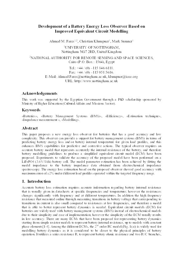 Development of a battery energy loss observer based on improved equivalent circuit modelling Thumbnail