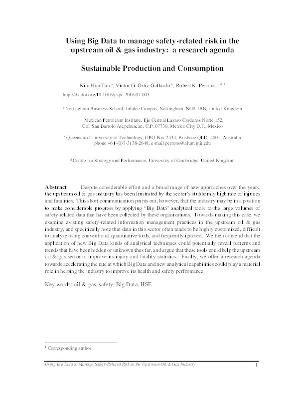 Using Big Data to manage safety-related risk in the upstream oil & gas industry: a research agenda Thumbnail