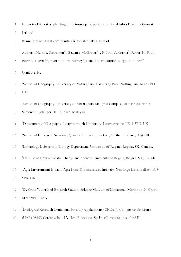 Impacts of forestry planting on primary production in upland lakes from north-west Ireland Thumbnail