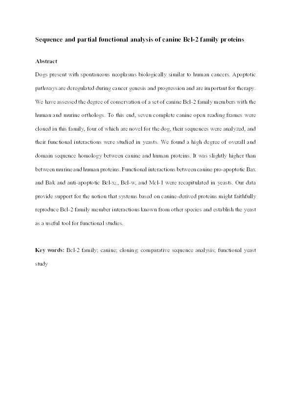 Sequence and partial functional analysis of canine Bcl-2 family proteins Thumbnail