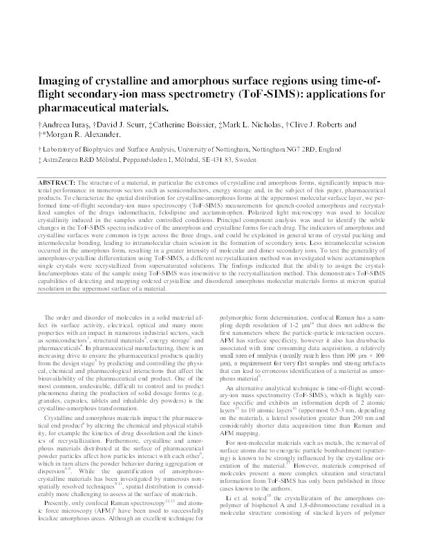 Imaging of Crystalline and Amorphous Surface Regions Using Time-of-Flight Secondary-Ion Mass Spectrometry (ToF-SIMS): Application to Pharmaceutical Materials Thumbnail