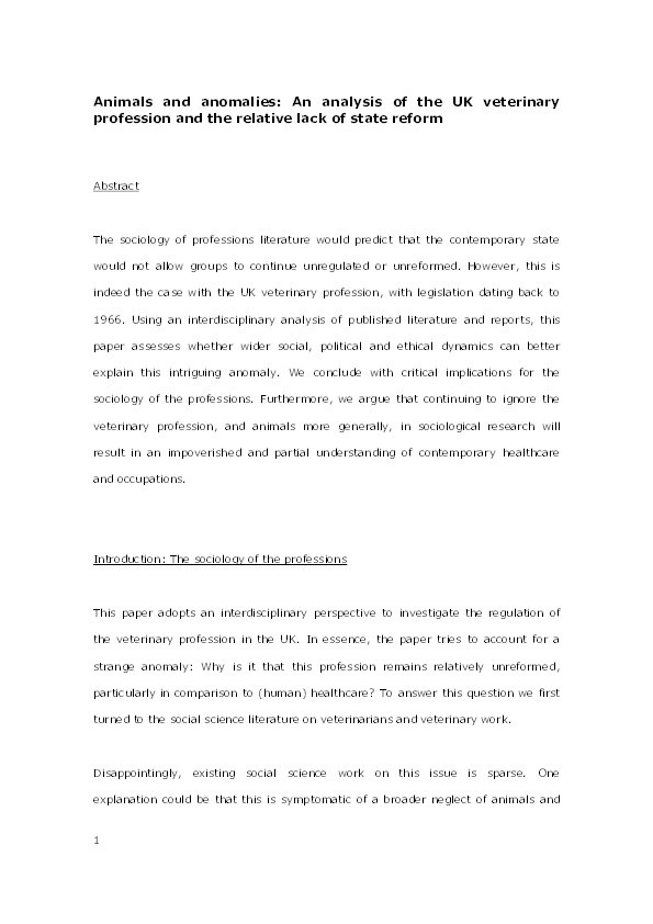 Animals and anomalies: an analysis of the UK veterinary profession and the relative lack of state reform Thumbnail