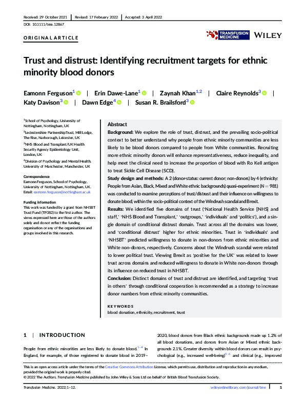 Trust and distrust: Identifying recruitment targets for ethnic minority blood donors Thumbnail