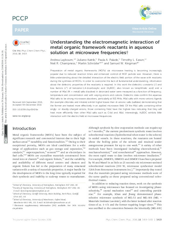 Understanding the electromagnetic interaction of metal organic framework reactants in aqueous solution at microwave frequencies Thumbnail