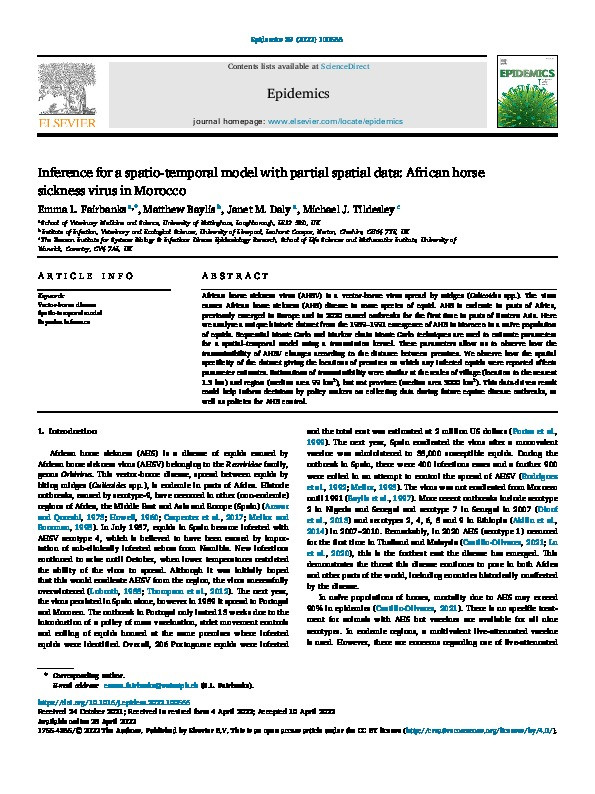 Inference for a spatio-temporal model with partial spatial data: African horse sickness virus in Morocco Thumbnail