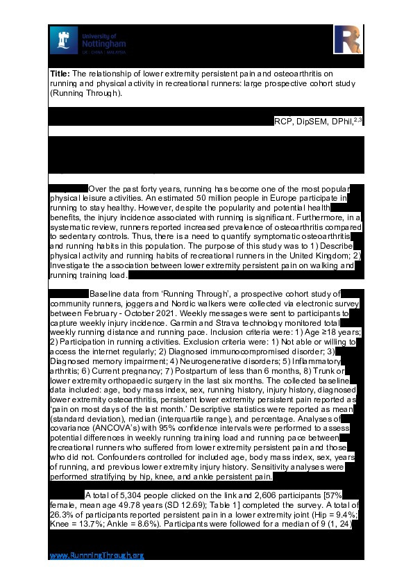 The relationship of lower extremity persistent pain and osteoarthritis on running and physical activity in recreational runners: large prospective cohort study (Running Through) Thumbnail