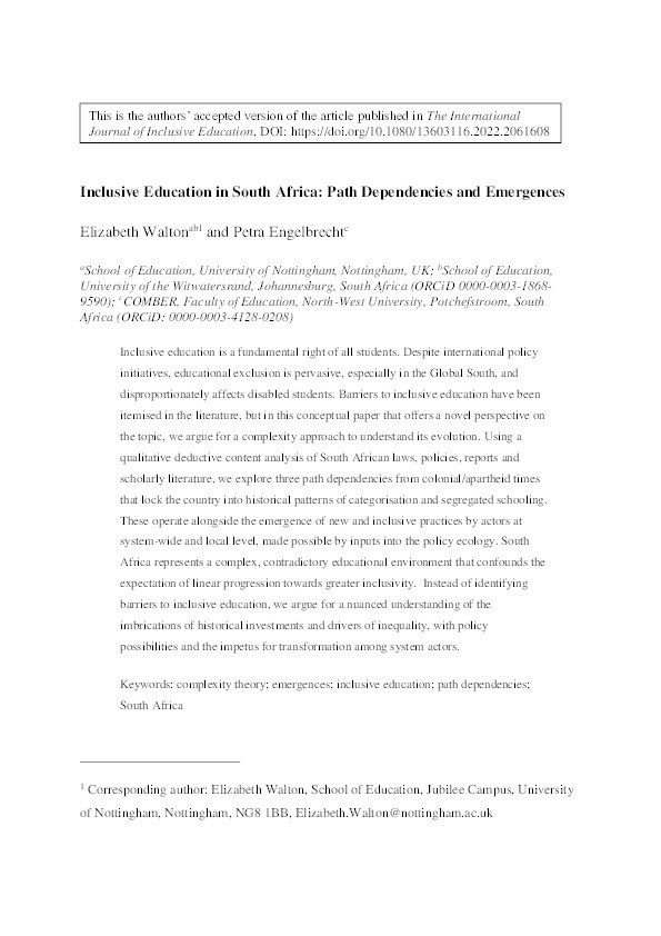 Inclusive education in South Africa: path dependencies and emergences Thumbnail
