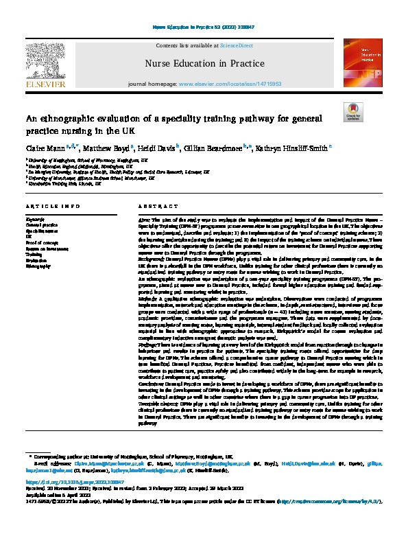 An ethnographic evaluation of a speciality training pathway for general practice nursing in the UK Thumbnail