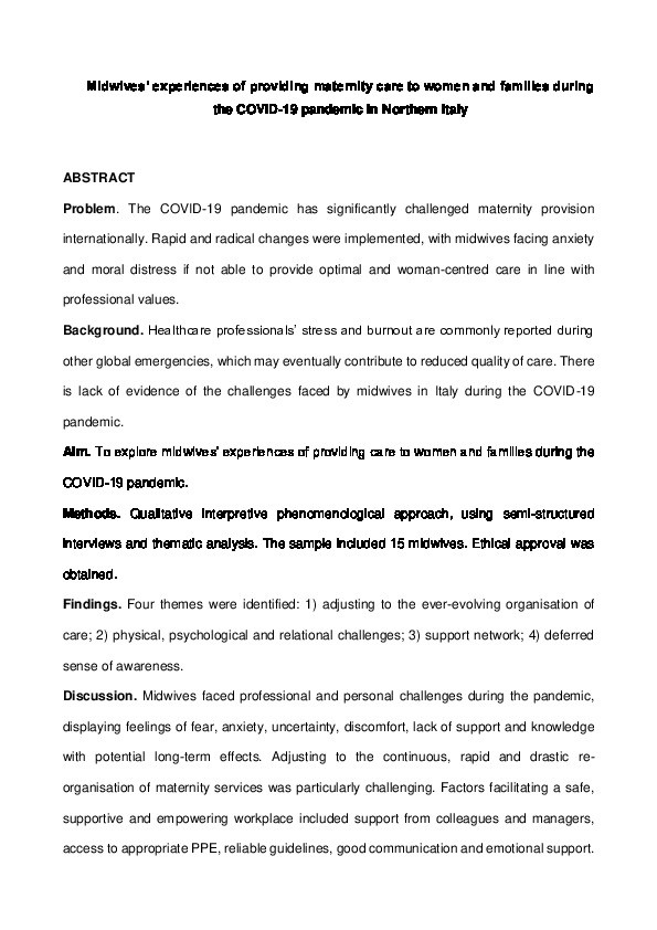 Midwives’ experiences of providing maternity care to women and families during the COVID-19 pandemic in Northern Italy Thumbnail