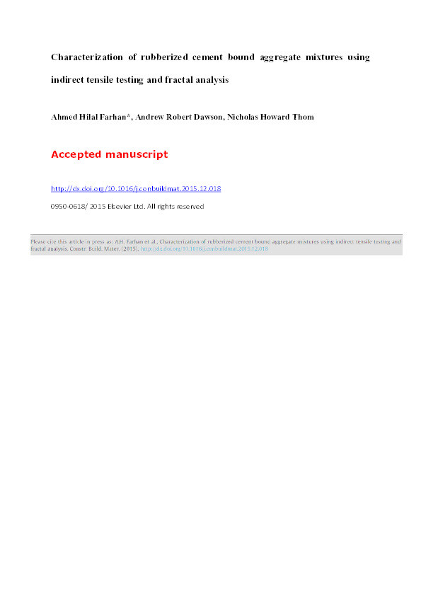 Characterization of rubberized cement bound aggregate mixtures using indirect tensile testing and fractal analysis Thumbnail