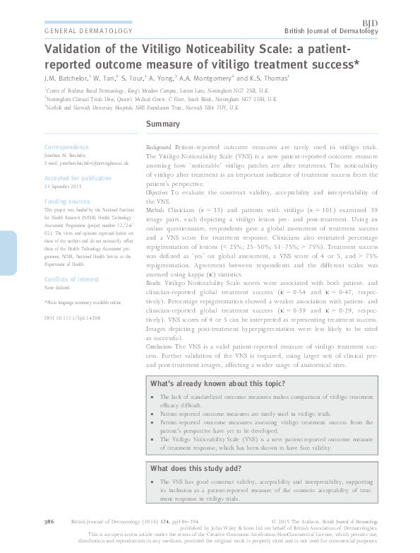 Validation of the Vitiligo Noticeability Scale: a patient-reported outcome measure of Vitiligo treatment success Thumbnail