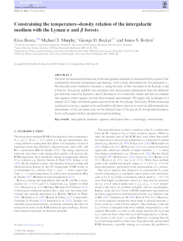 Constraining the temperature–density relation of the intergalactic medium with the Lyman α and β forests Thumbnail