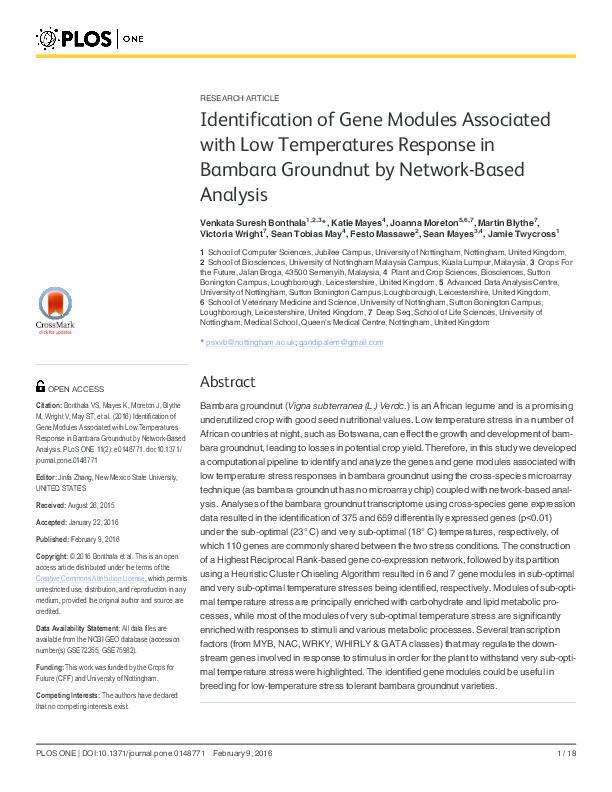 Identification of gene modules associated with low temperatures response in Bambara groundnut by network-based analysis Thumbnail