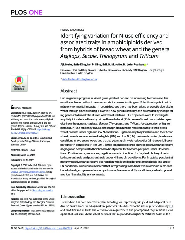 Identifying variation for N-use efficiency and associated traits in amphidiploids derived from hybrids of bread wheat and the genera Aegilops, Secale, Thinopyrum and Triticum Thumbnail