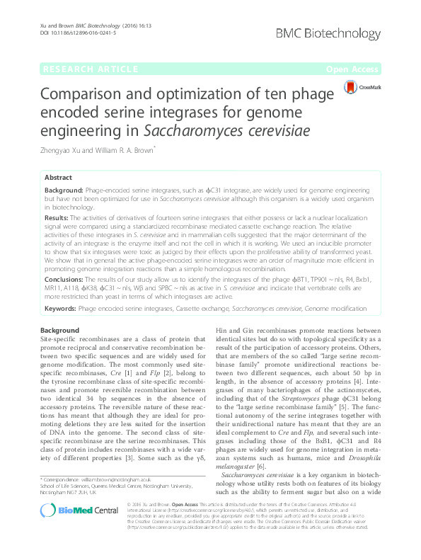 Comparison and optimization of ten phage encoded serine integrases for genome engineering in Saccharomyces cerevisiae Thumbnail