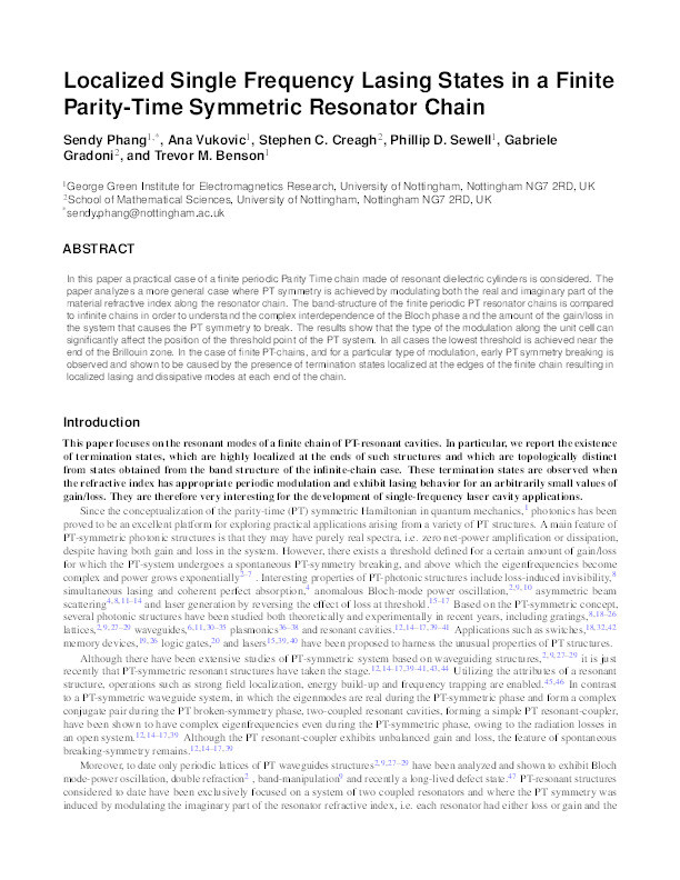 Localized single frequency lasing states in a finite parity-time symmetric resonator chain Thumbnail