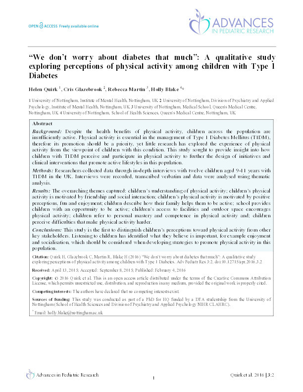 “We don’t worry about diabetes that much”: a qualitative study exploring perceptions of physical activity among children with Type 1 Diabetes Thumbnail