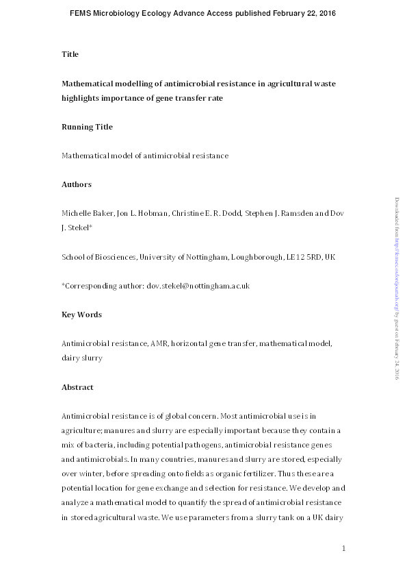 Mathematical modelling of antimicrobial resistance in agricultural waste highlights importance of gene transfer rate Thumbnail