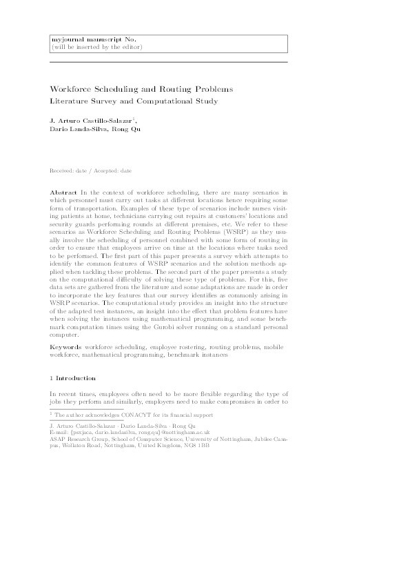 Workforce scheduling and routing problems: literature survey and computational study Thumbnail