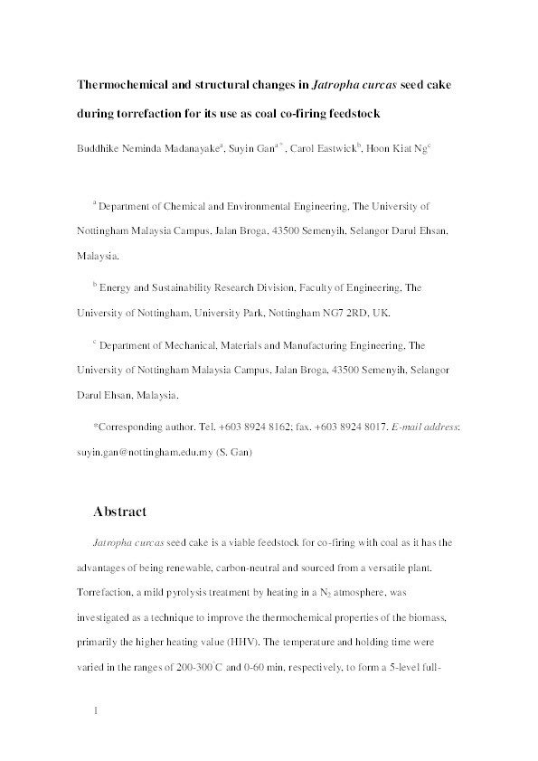 Thermochemical and structural changes in Jatropha curcas seed cake during torrefaction for its use as coal co-firing feedstock Thumbnail