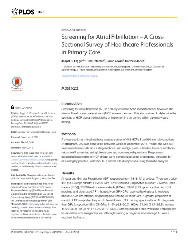 Screening for atrial fibrillation: a cross-sectional survey of healthcare professionals in primary care Thumbnail