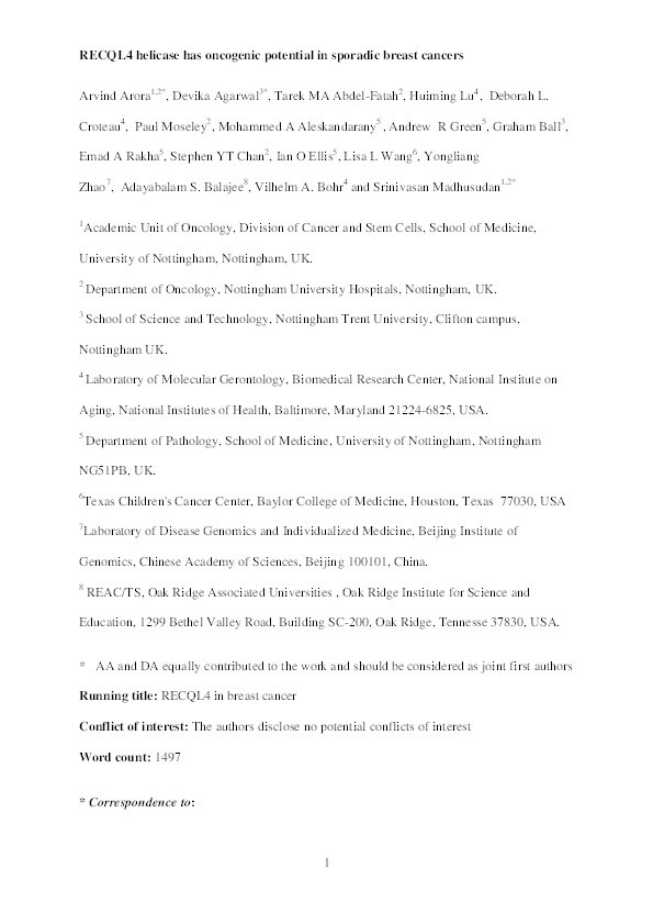 RECQL4 helicase has oncogenic potential in sporadic breast cancers Thumbnail