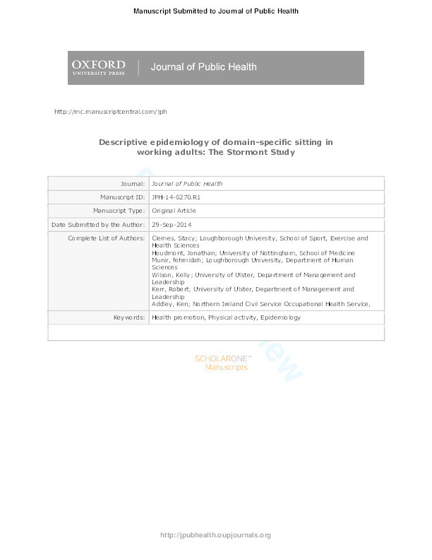 Descriptive epidemiology of domain-specific sitting in working adults: the Stormont Study Thumbnail