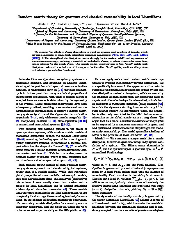 Random matrix theory for quantum and classical metastability in local Liouvillians Thumbnail