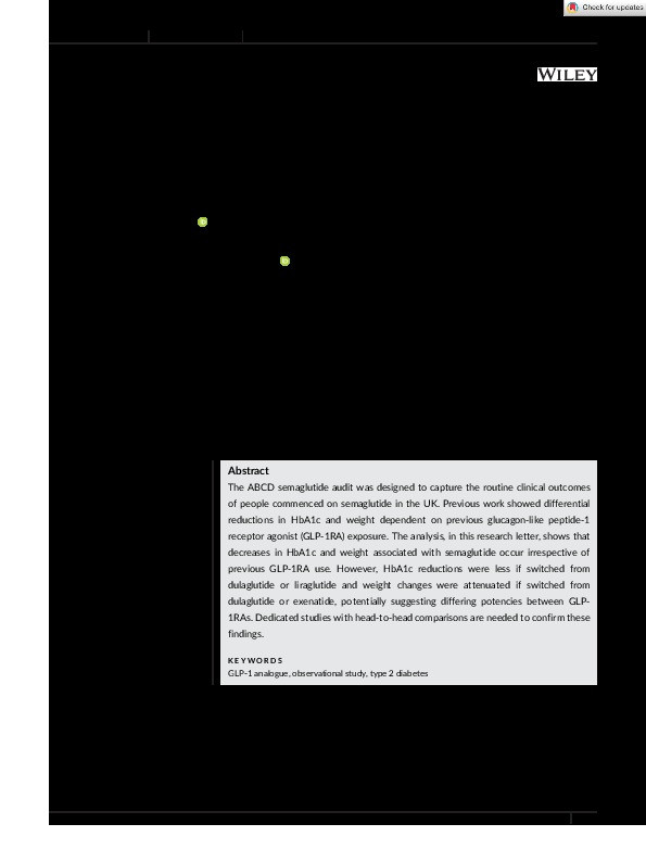 Injectable semaglutide and reductions in HbA1c and weight in the real world in people switched from alternative glucagon-like peptide-1 receptor agonists Thumbnail