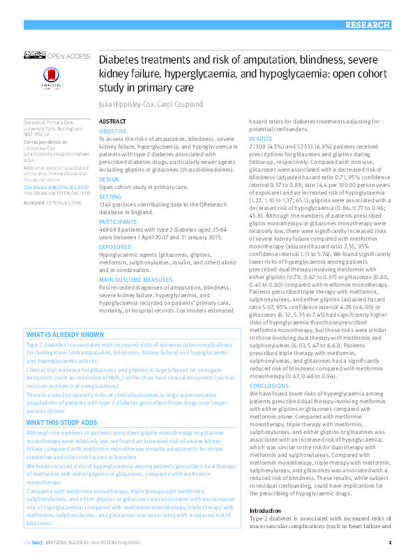 Diabetes treatments and risk of amputation, blindness, severe kidney failure, hyperglycaemia, and hypoglycaemia: open cohort study in primary care Thumbnail