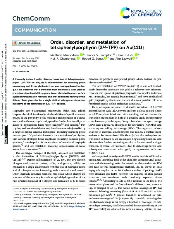 Order, disorder, and metalation of tetraphenylporphyrin (2H-TPP) on Au(111) Thumbnail