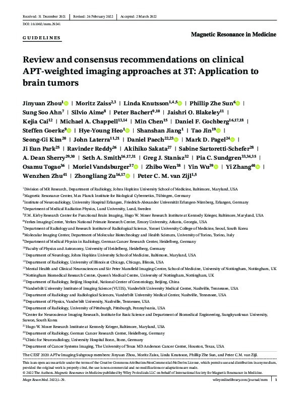 Review and consensus recommendations on clinical APT-weighted imaging approaches at 3T: Application to brain tumors Thumbnail