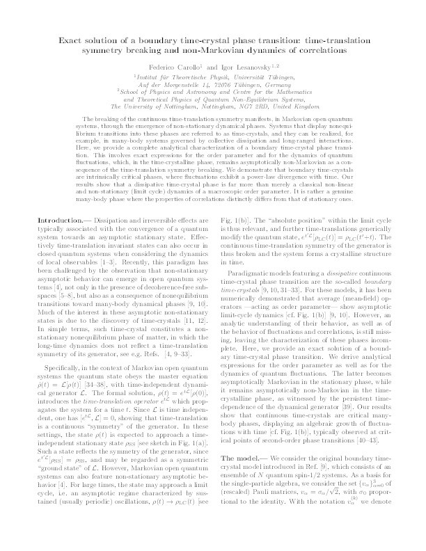 Exact solution of a boundary time-crystal phase transition: Time-translation symmetry breaking and non-Markovian dynamics of correlations Thumbnail