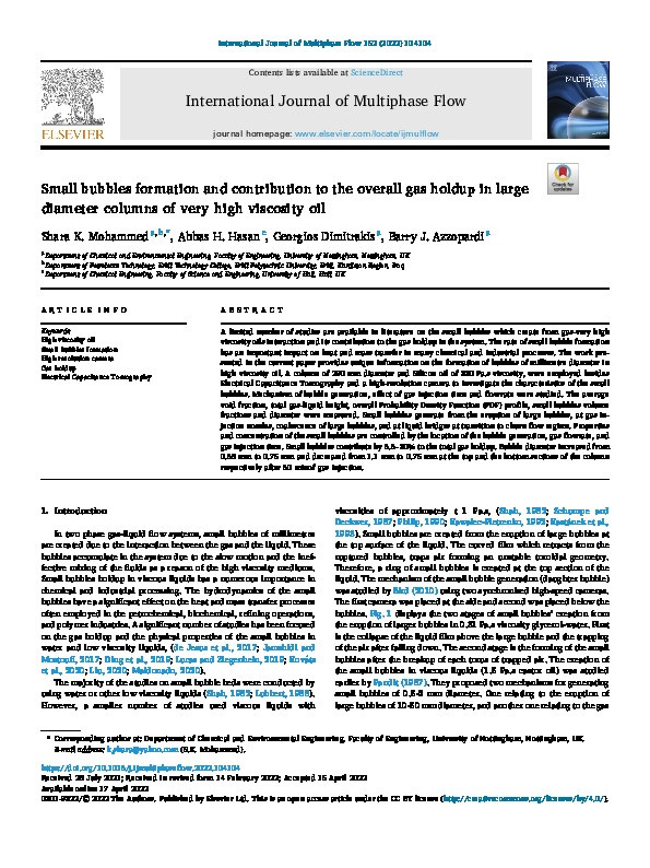 Small Bubbles Formation and Contribution to the Overall Gas Holdup in Large Diameter Columns of Very High Viscosity Oil Thumbnail