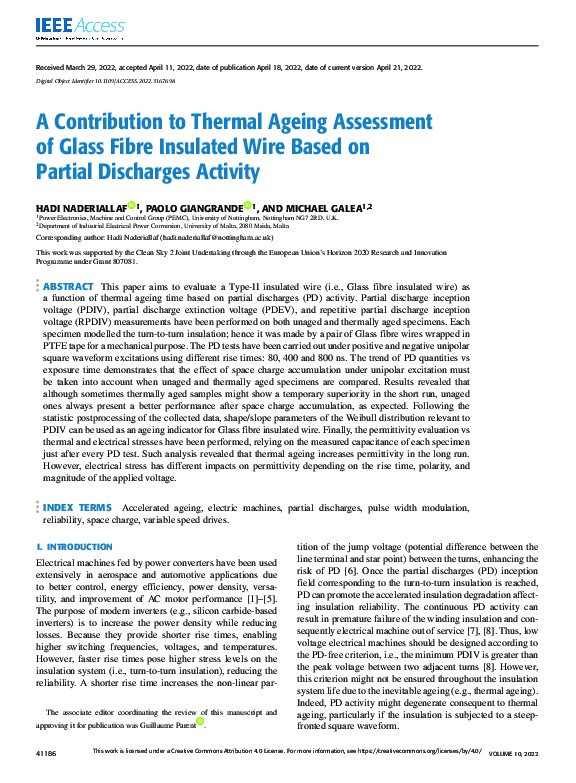 A Contribution to Thermal Ageing Assessment of Glass Fiber Insulated Wire Based on Partial Discharges Activity Thumbnail