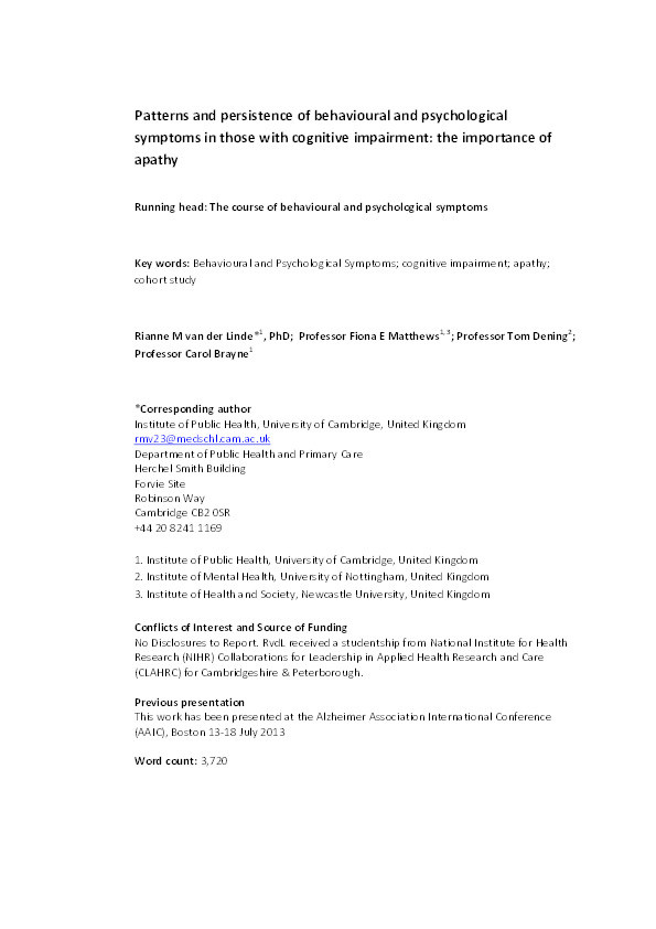 Patterns and persistence of behavioural and psychological symptoms in those with cognitive impairment: the importance of apathy Thumbnail