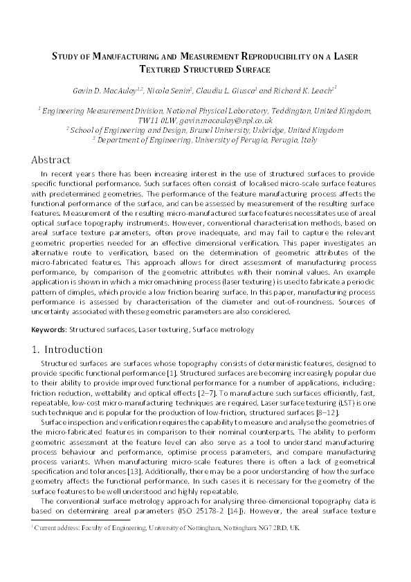 Study of manufacturing and measurement reproducibility on a laser textured structured surface Thumbnail