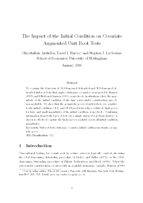 The impact of the initial condition on covariate augmented unit root tests Thumbnail