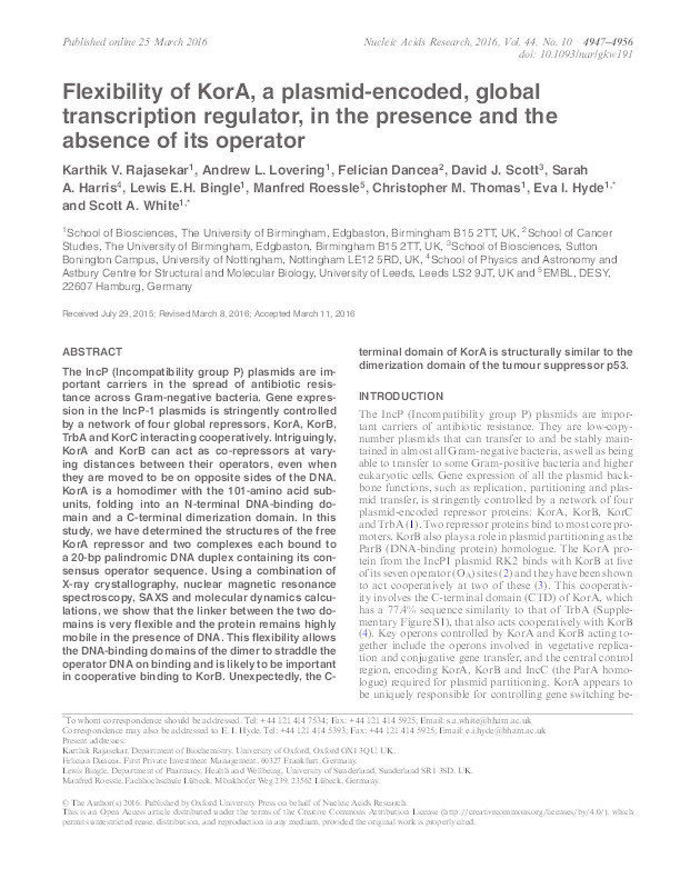 Flexibility of KorA, a plasmid-encoded, global transcription regulator, in the presence and the absence of its operator Thumbnail