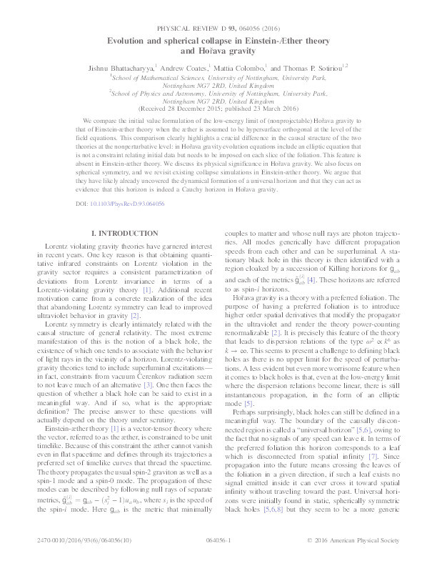 Evolution and spherical collapse in Einstein-Æther theory and Hořava gravity Thumbnail